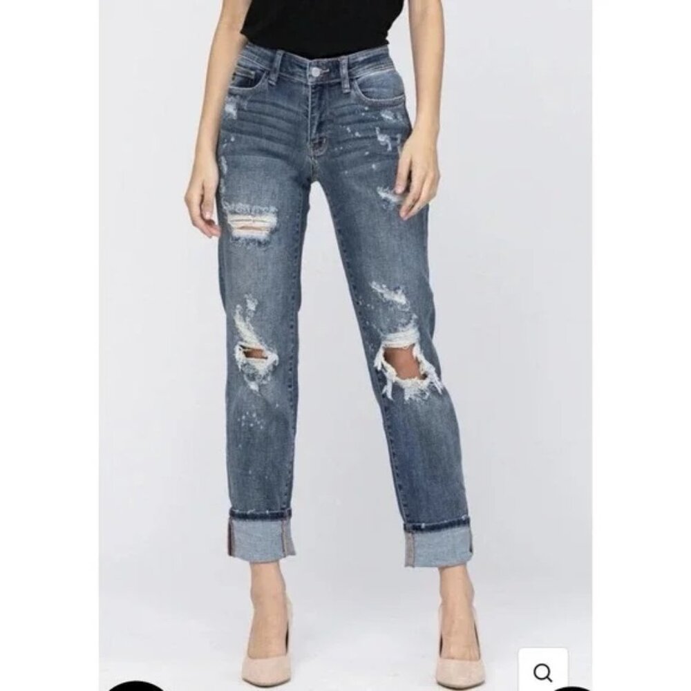 Judy Blue Boyfriend Fit Stretch Distressed Jeans Size 29 Dark Wash